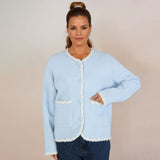 Parisian style Boucle trim fluffy cardigan in baby blue