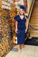 Bobbie plunge ruffle midi dress by Kevan Jon navy blue