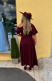 Lexi Bardot on off shoulder dip hemline midi skater dress in wine