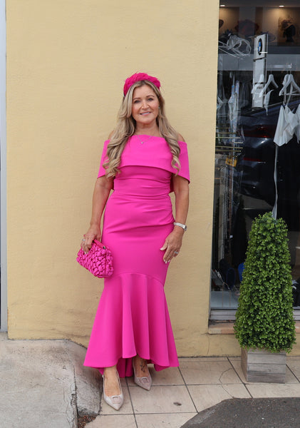 Arabella Bardot flare midi dress by Kevan Jon bright pink