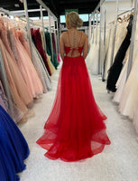 Celine lace and tulle backless prom dress with long train royal blue, red, green
