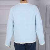 Parisian style Boucle trim fluffy cardigan in baby blue