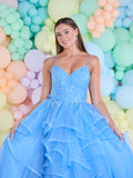 AKIRA layered tulle prom dress by Tiffanys prom in bluebell, coral and dark green
