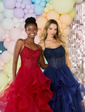 Tiffanys Wanetta tulle layered prom dress in dark red, navy, pale blue