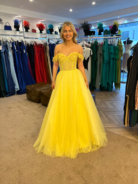 MoriLee Bella EV0024 lemon Bardot prom dress