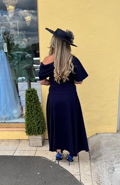 Lexi Bardot on off shoulder dip hemline midi skater dress navy blue Deja Elite Boutique Lexi Bardot on off shoulder dip hemline midi skater dress navy blue Deja Elite Boutique