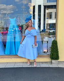 Bonita Bow Bardot skater midi dress in baby blue