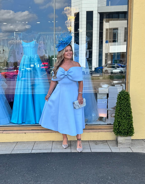 bardot midi dress skater Bonita Bow Bardot skater midi dress in baby blue Deja Elite Boutique bardot midi dress skater Bonita Bow Bardot skater midi dress in baby blue Deja Elite Boutique