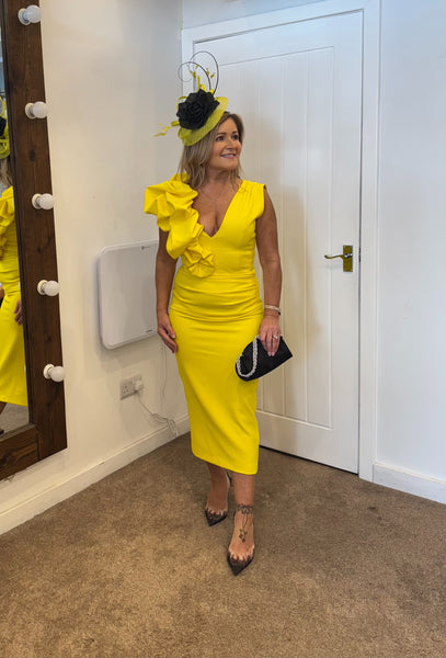 Bobbie plunge ruffle midi dress by Kevan Jon yellow