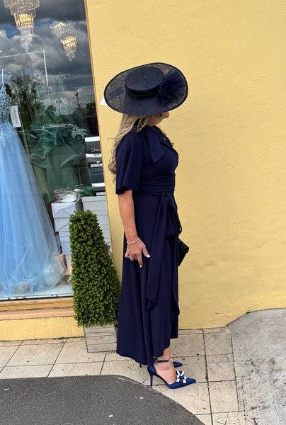 Lexi Bardot on off shoulder dip hemline midi skater dress navy blue Deja Elite Boutique Lexi Bardot on off shoulder dip hemline midi skater dress navy blue Deja Elite Boutique