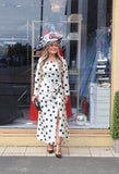 Carla Ruiz 53015 polka dot mikado ruffle occasion dress in ivory and black