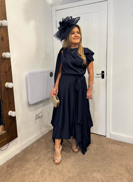 Kevan Jon Emilia pleat knee dress in navy