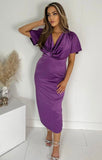 Angel sleeve satin twist midi dress in violet purple