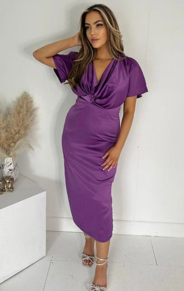midi purple satin dress ASOS DESIGN strappy satin midi slip dress with seam detail in purple
