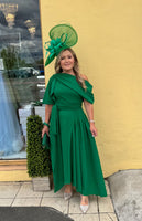 Lexi Bardot on off shoulder dip hemline midi skater dress Forrest green