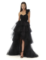 MoriLee Bella EV0038 black tulle low one shoulder prom dress