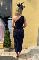 Niomi Navy one shoulder knot skirt midi dress