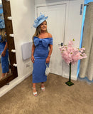 Kevan Jon Boo bow Bardot midi dress in cornflour blue