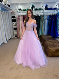 Glinda by Tiffany’s tulle bardot prom dress in baby blue, lilac