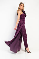 Kevan Jon Harmoni corsage one shoulder jumpsuit with removable over skirt plum