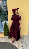 Lexi Bardot on off shoulder dip hemline midi skater dress in wine
