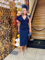 Bobbie plunge ruffle midi dress by Kevan Jon navy blue