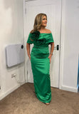 Kris satin maxi dress with removable over skirt by Kevan Jon in Emerald  Green