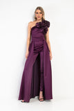Kevan Jon Harmoni corsage one shoulder jumpsuit with removable over skirt plum