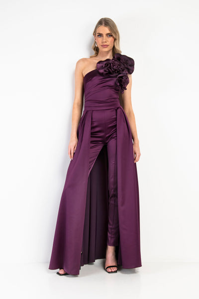 Kevan Jon Harmoni corsage one shoulder jumpsuit with removable over skirt plum