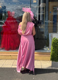 Rosellon drape dress by Kevan Jon in two tone rose dust with French pink piping