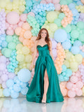 Acacia satin prom dress by Tiffanys in green, red, navy