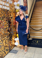 Bobbie plunge ruffle midi dress by Kevan Jon navy blue