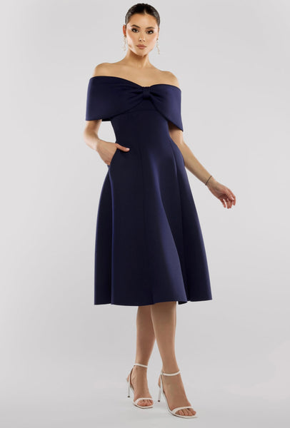 Bonita Bow Bardot skater midi dress in navy blue