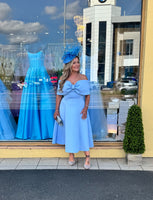 Bonita Bow Bardot skater midi dress in baby blue