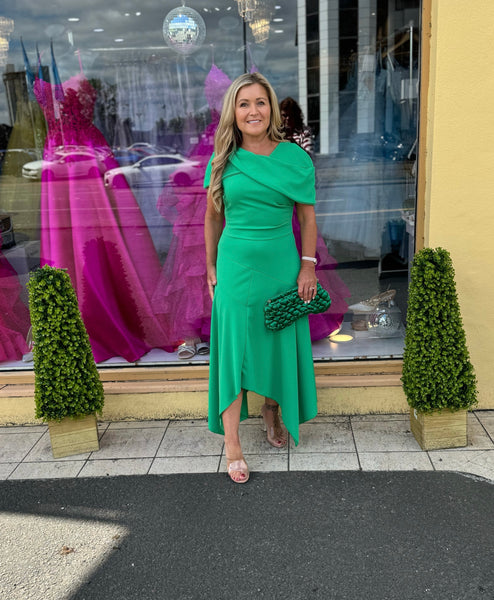 Eliza handkerchief hemline skater dress emerald green Deja Elite Boutique Eliza handkerchief hemline skater dress emerald green Deja Elite Boutique