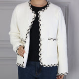 Parisian style Boucle trim fluffy cardigan in ivory