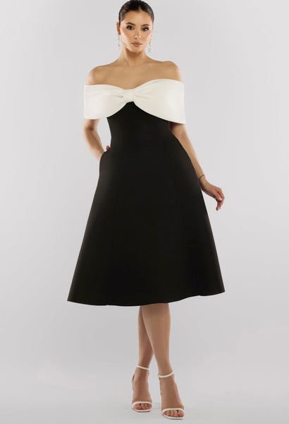 Bonita Bow Bardot skater midi dress in black, ivory