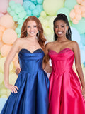 Acacia satin prom dress by Tiffanys in green, red, navy