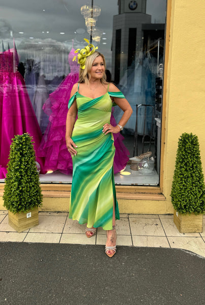 Julia ombr green, lime Bardot midi dress Deja Elite Boutique Julia ombr green, lime Bardot midi dress Deja Elite Boutique