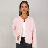 Parisian style Boucle trim fluffy cardigan in baby pink