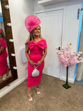 Kevan Jon Boo bow Bardot midi dress in hot pink