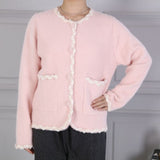 Parisian style Boucle trim fluffy cardigan in baby pink