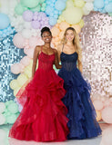 Tiffanys Wanetta tulle layered prom dress in dark red, navy, pale blue