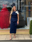 Kevan Jon Hali Bardot  midi dress in navy blue & ivory