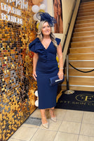 Bobbie plunge ruffle midi dress by Kevan Jon navy blue