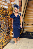 Bobbie plunge ruffle midi dress by Kevan Jon navy blue