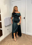 Kris satin midi dress with removable over skirt by Kevan Jon in British Racing Green