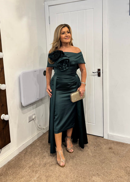 Kris satin midi dress with removable over skirt by Kevan Jon in Britis Deja Elite Boutique Kris satin midi dress with removable over skirt by Kevan Jon in Britis Deja Elite Boutique