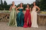 Gina satin prom dress ballgown in wine, butter yellow, emerald and sage