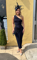 Niomi Navy one shoulder knot skirt midi dress